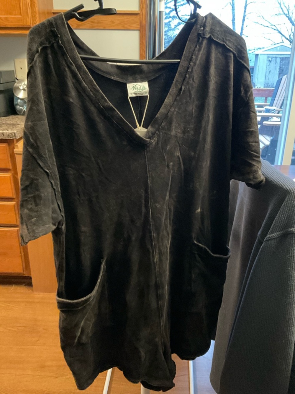 New Mix Black Washed V-Neck Tunic with Patch Pockets